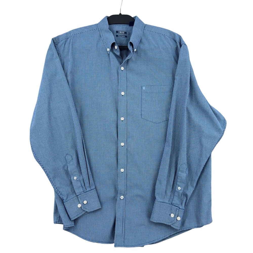IZOD Premium Essentials Mens XL 100% Cotton Blue Micro-check Button Down Shirt